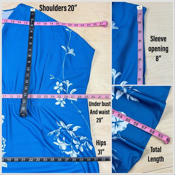 Vintage 1960s Blue and White Hawaiian Floral Tiki Caftan Hostess Dress - Picture 7 of 8